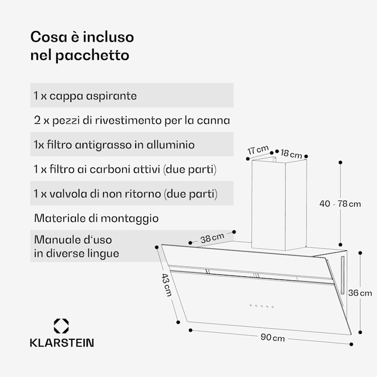 Alina - Cappa aspirante | Classe energetica A | Touch | Illuminazione a LED | Scarico/ricircolo | 615 m³/ora 90 cm | Nero