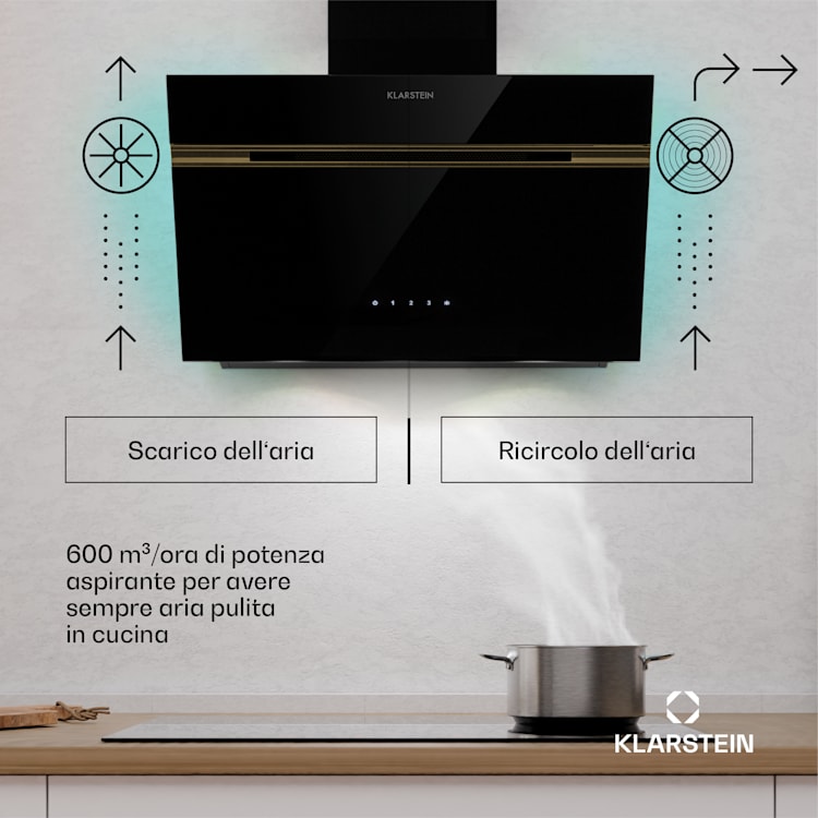 Alina - Cappa aspirante | Classe energetica A | Touch | Illuminazione a LED | Scarico/ricircolo | 600 m³/ora 60 cm | Nero/ Oro anticato metallizzato