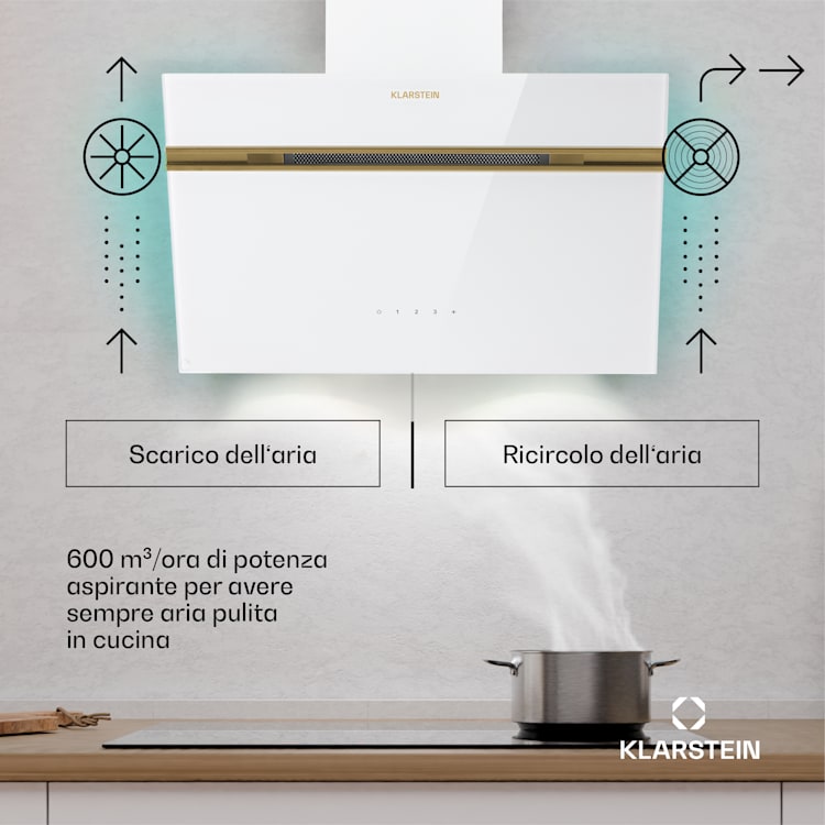 Alina - Cappa aspirante | Classe energetica A | Touch | Illuminazione a LED | Scarico/ricircolo | 600 m³/ora 