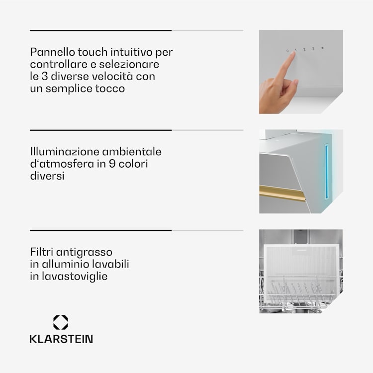 Alina - Cappa aspirante | Classe energetica A | Touch | Illuminazione a LED | Scarico/ricircolo | 600 m³/ora 