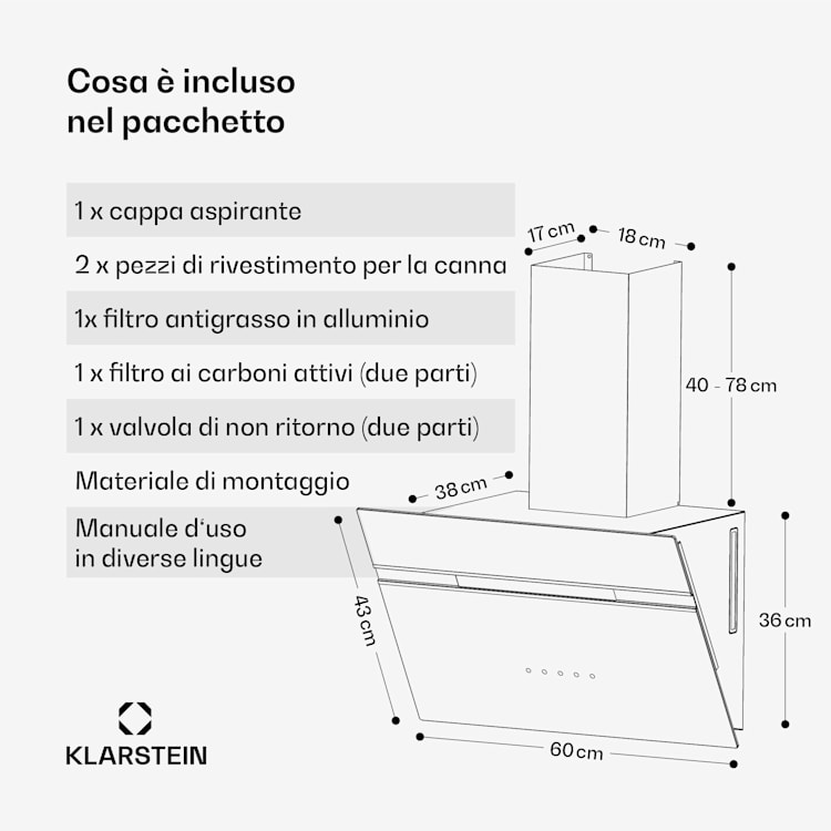 Alina - Cappa aspirante | Classe energetica A | Touch | Illuminazione a LED | Scarico/ricircolo | 600 m³/ora 