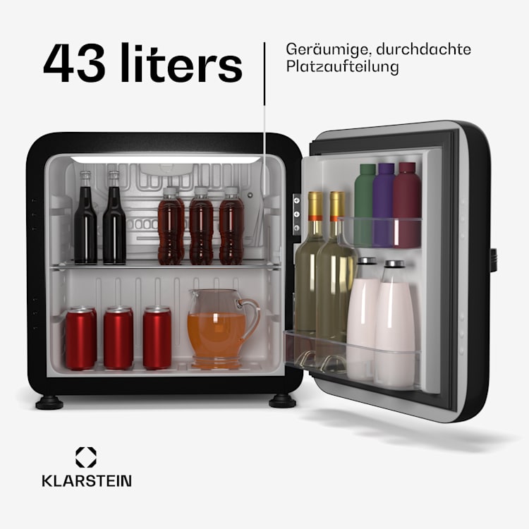 Audrey Evo Mini Kühlschrank | 43L | Retro-Design | leise | kompakt | 3 Farben 43 Ltr | Schwarz