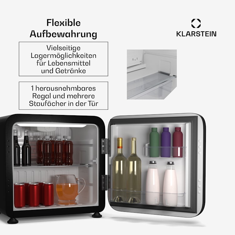 Audrey Evo Mini Kühlschrank | 43L | Retro-Design | leise | kompakt | 3 Farben 43 Ltr | Schwarz