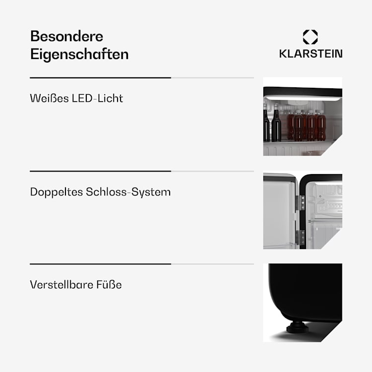 Audrey Evo Mini Kühlschrank | 43L | Retro-Design | leise | kompakt | 3 Farben 43 Ltr | Schwarz