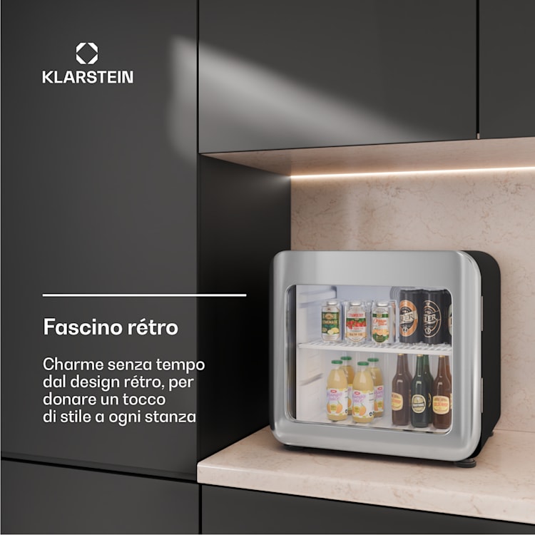 Audrey Evo - Frigorifero per bevande | Design rètro | Sportello in vetro | 46 L | Classe energetica C 46 Ltr | Argento