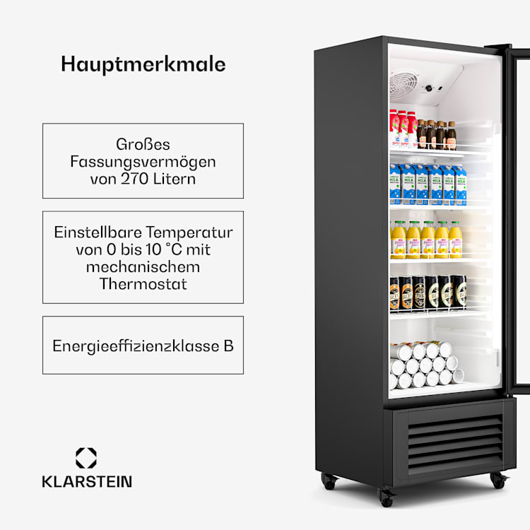 GrandCooler - Frigorifero per bevande | 270 L | Illuminazione a LED | Con rotelle | 4 ripiani 270 litri | Nero