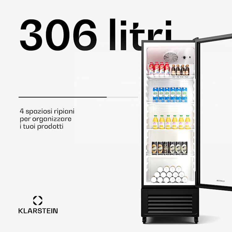 GrandCooler - Frigorifero per bevande | 306 L | Illuminazione a LED | Con rotelle | 4 ripiani 306 litri | Nero