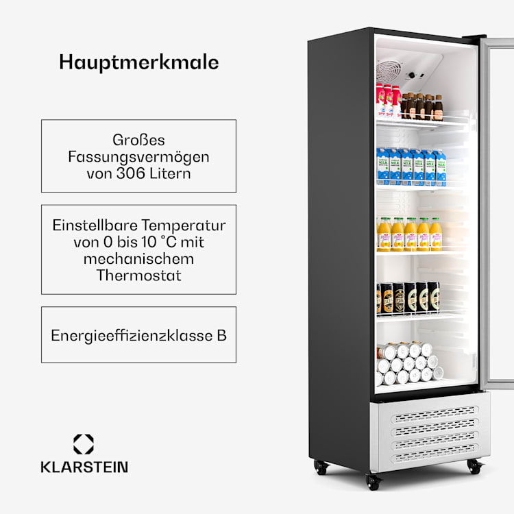GrandCooler - Frigorifero per bevande | 306 L | Illuminazione a LED | Con rotelle | 4 ripiani 306 litri | Acciaio inox