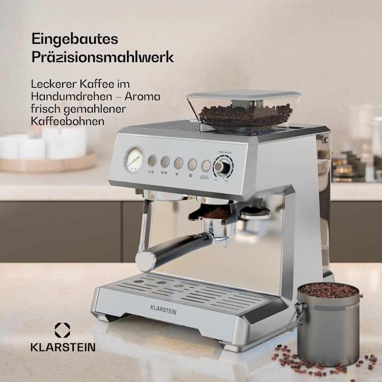 GrandPresso Espressomaschine | Präzisionsmahlwerk | Dampfdüse | Siebträger | Druckanzeige | 20 bar GrandPresso | Edelstahl