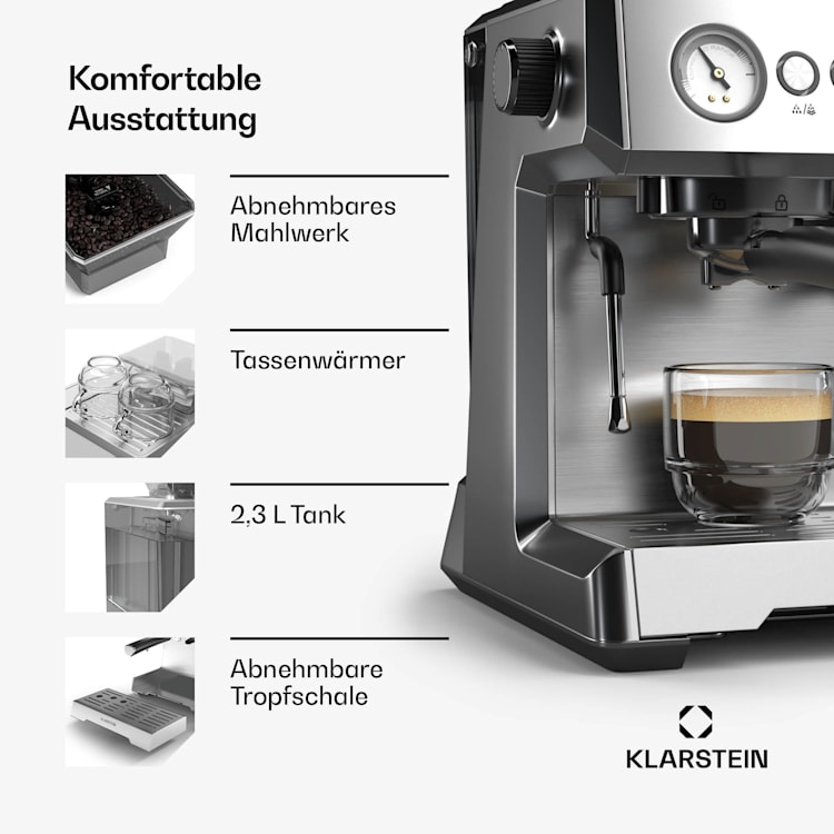 GrandPresso Espressomaschine | Präzisionsmahlwerk | Dampfdüse | Siebträger | Druckanzeige | 20 bar GrandPresso | Edelstahl