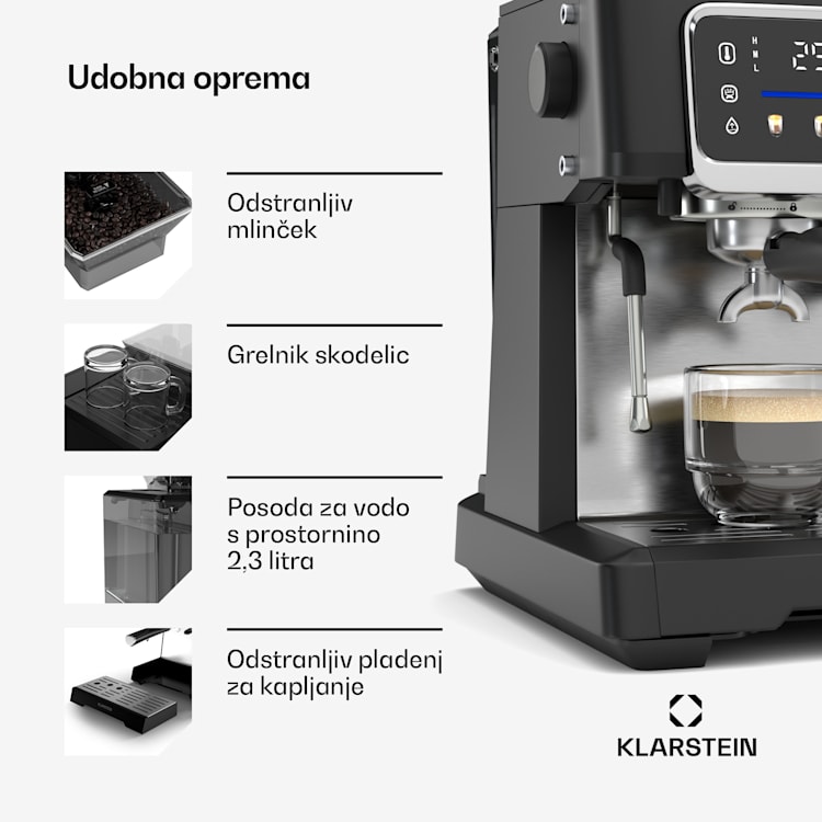 GrandPresso Touch kavni aparat, 20 barov, vgrajen mlinček, indikator tlaka, mlečna pena GrandPresso Touch | Črna
