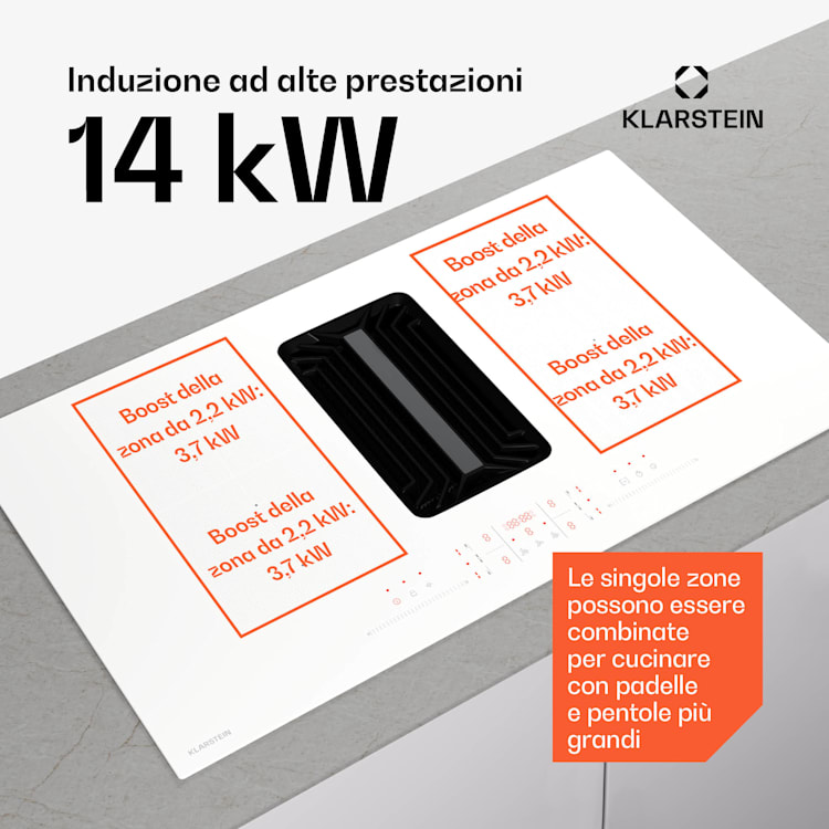 AirJet FlexPro Down Air System | Piano cottura a induzione + cappa aspirante | Zona flex | Booster 90 cm | AirJetFlexPro | Bianco