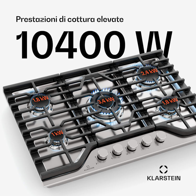Turbocast piano cottura a gas | Acciaio inox 304 | 5 bruciatori | Portapentole professionale in ghisa | Bruciatore wok 75 cm