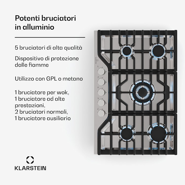 Turbocast piano cottura a gas | Acciaio inox 304 | 5 bruciatori | Portapentole professionale in ghisa | Bruciatore wok 75 cm