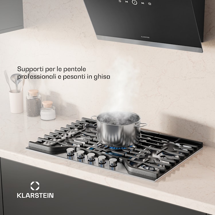Turbocast piano cottura a gas | Acciaio inox 304 | 5 bruciatori | Portapentole professionale in ghisa | Bruciatore wok 75 cm
