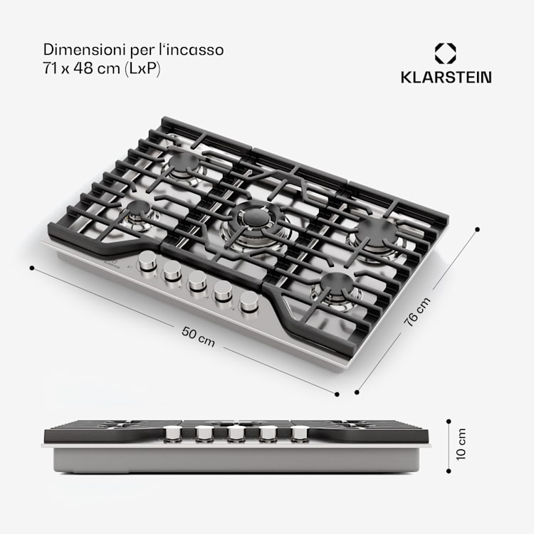 Turbocast piano cottura a gas | Acciaio inox 304 | 5 bruciatori | Portapentole professionale in ghisa | Bruciatore wok 75 cm