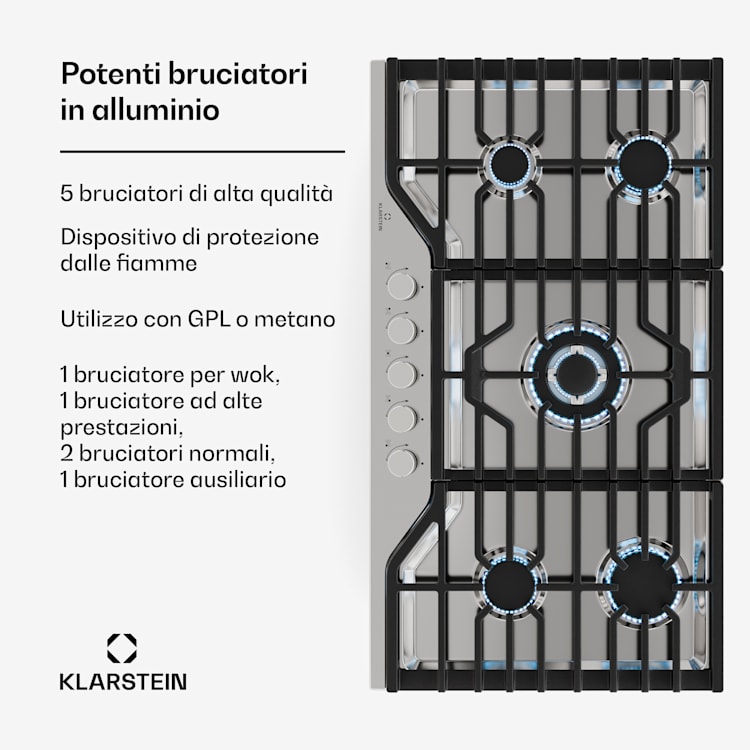 Turbocast piano cottura a gas | Acciaio inox 304 | 5 bruciatori | Portapentole professionale in ghisa | Bruciatore wok 91 cm