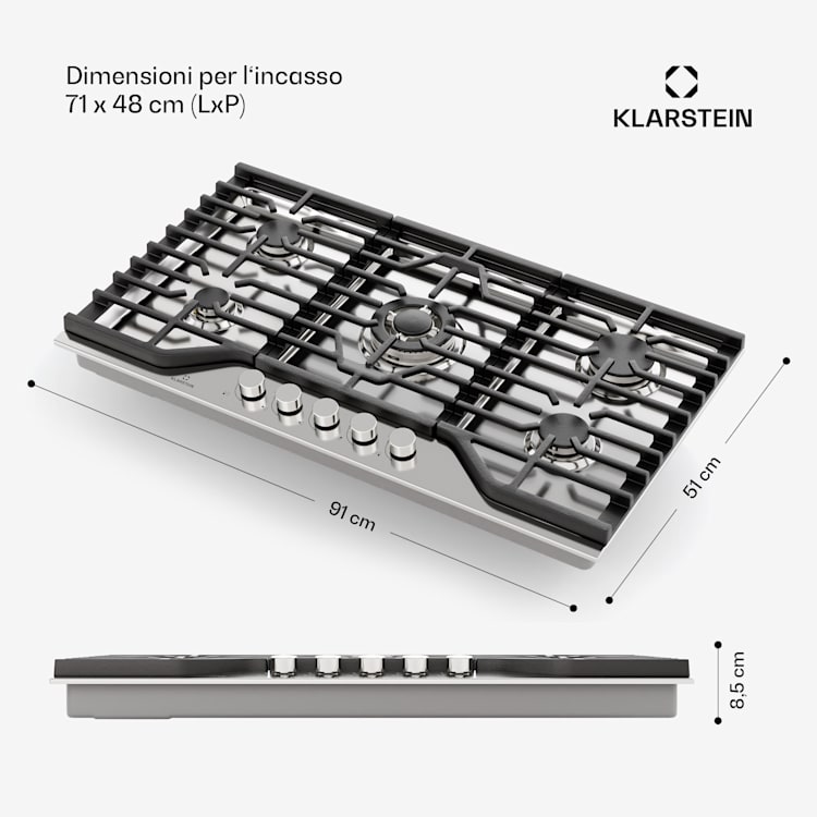Turbocast piano cottura a gas | Acciaio inox 304 | 5 bruciatori | Portapentole professionale in ghisa | Bruciatore wok 91 cm