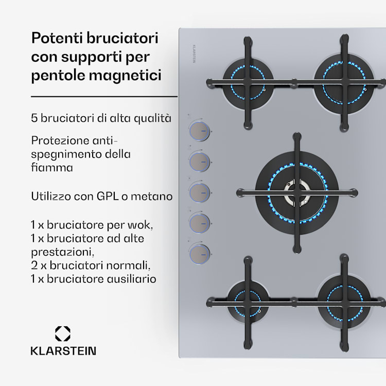 Illuminosa 5 piano cottura a gas 5 fuochi bruciatore Sabaf acciaio inox 5 | Acciaio inox
