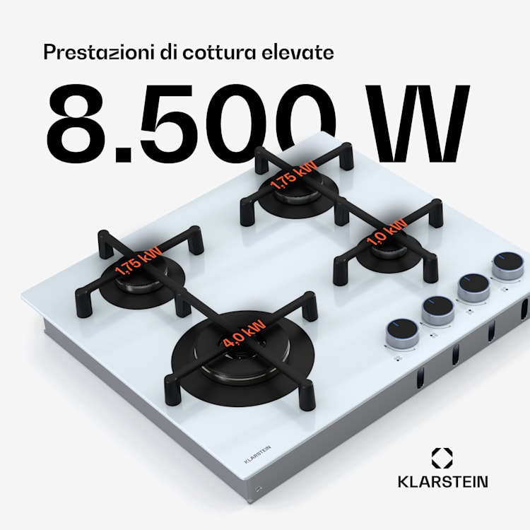 Illuminosa 4 piano cottura a gas 4 fuochi bruciatore Sabaf in vetroceramica 4 | Bianco trasparente