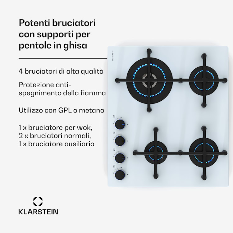 Illuminosa 4 piano cottura a gas 4 fuochi bruciatore Sabaf in vetroceramica 4 | Bianco trasparente