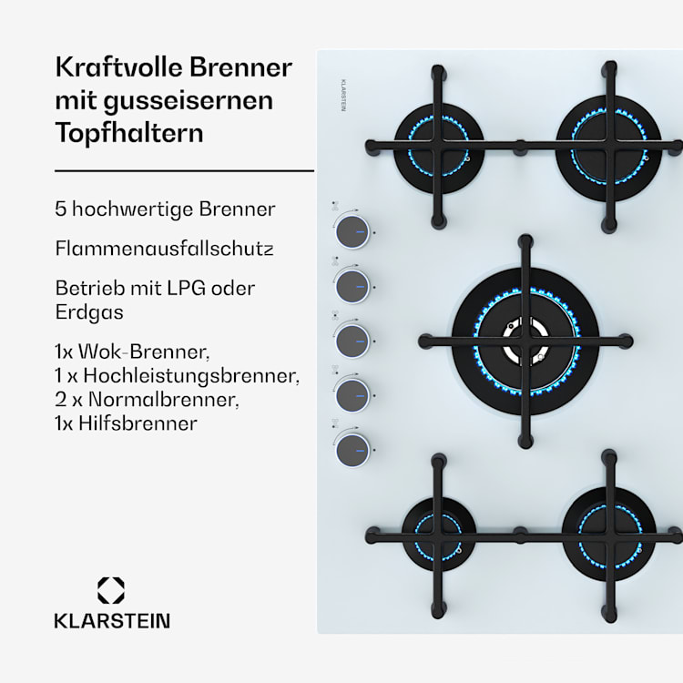 Illuminosa 5 Gaskochfeld 5-flammig Sabaf-Brenner Glaskeramik 5 | Weißes Glas