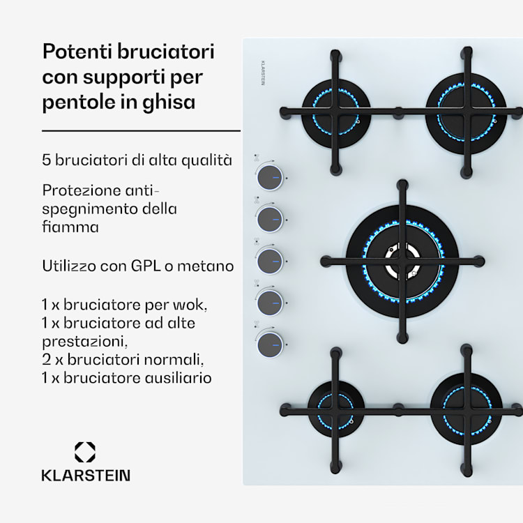 Illuminosa 5 piano cottura a gas 5 fuochi bruciatore Sabaf vetroceramica 5 | Bianco trasparente