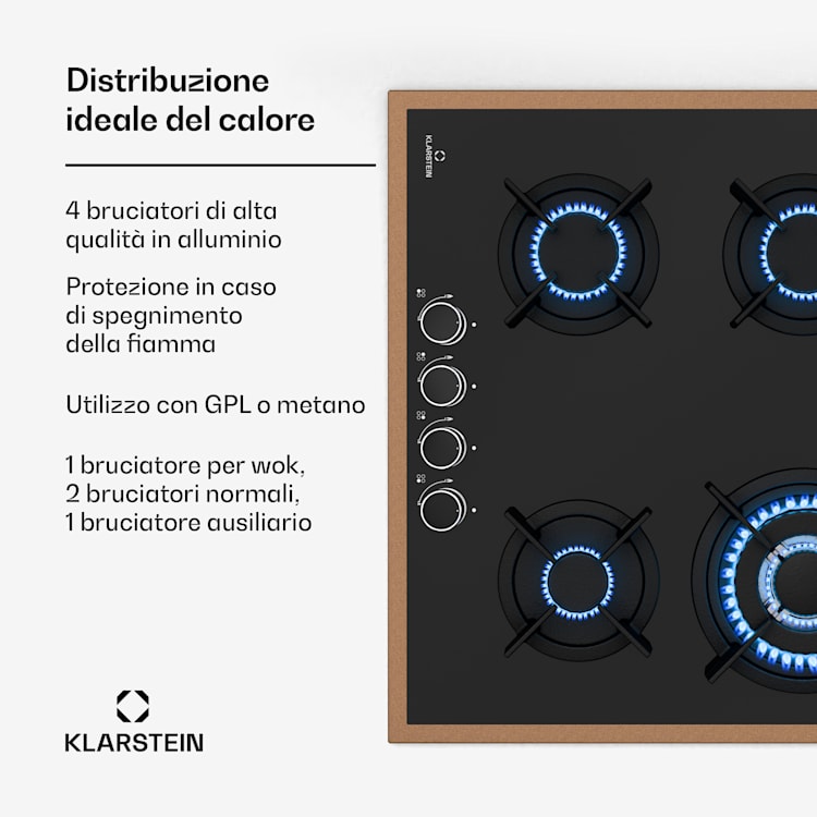 Lumiflame Piano cottura a gas | 4 bruciatori | Telaio in rame | Accensione elettrica | Potenza 8 kW 