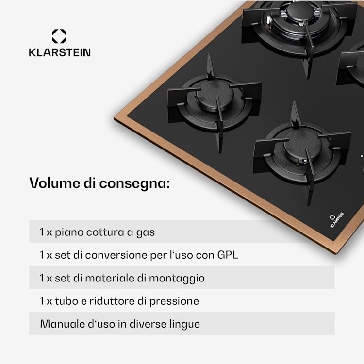 Lumiflame Piano cottura a gas | 4 bruciatori | Telaio in rame | Accensione elettrica | Potenza 8 kW 