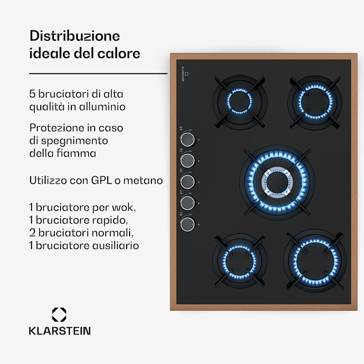 Lumiflame Piano cottura a gas | 5 bruciatori | Telaio in rame | Accensione elettrica | Potenza 10,4 kW 