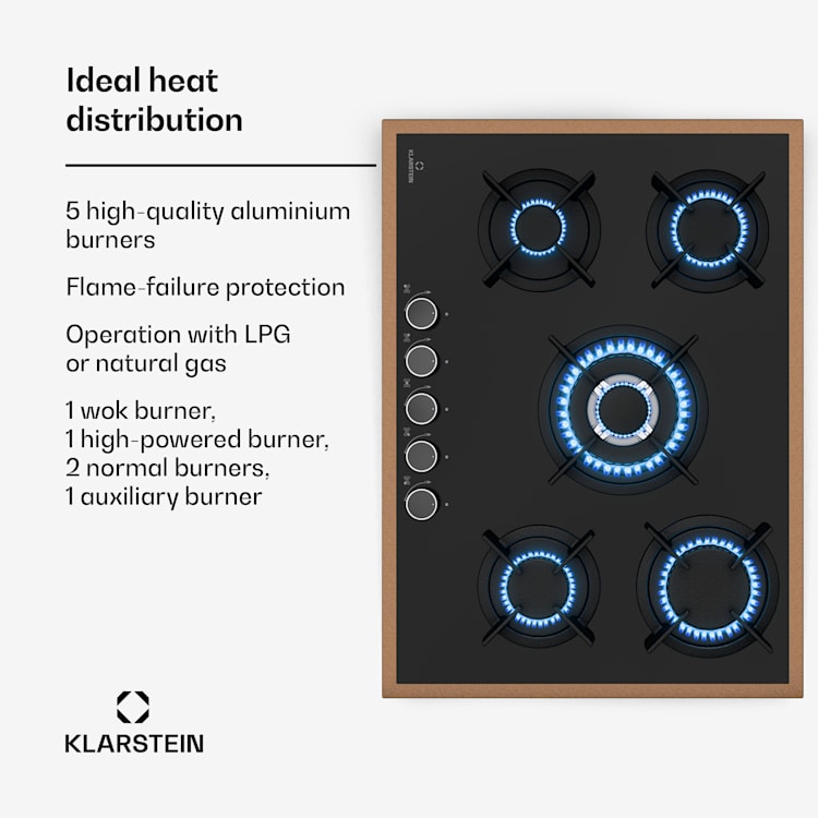Lumiflame gas hob | 5 burners | copper frame | electric ignition | 10.4 kW output 