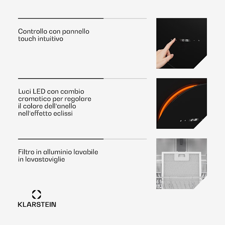 Total Eclipse cappa aspirante | Illuminazione a LED | Touch | 594,2 m³/h | Aria di scarico/ricircolo 60 cm | Nero