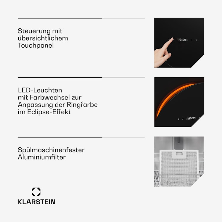 Total Eclipse Dunstabzugshaube | LED-Beleuchtung | Touch | 594,2 m³/h | Abluft/Umluft 90 cm | Schwarz