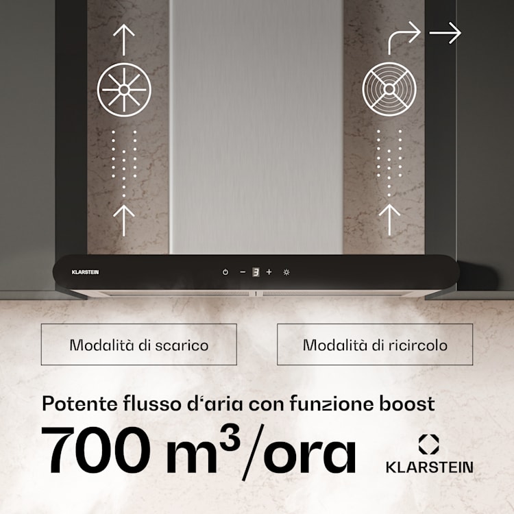 CurveVent - Cappa aspirante | 700 m³/ora | Touch | LED | 110 W | Classe energetica A+ 