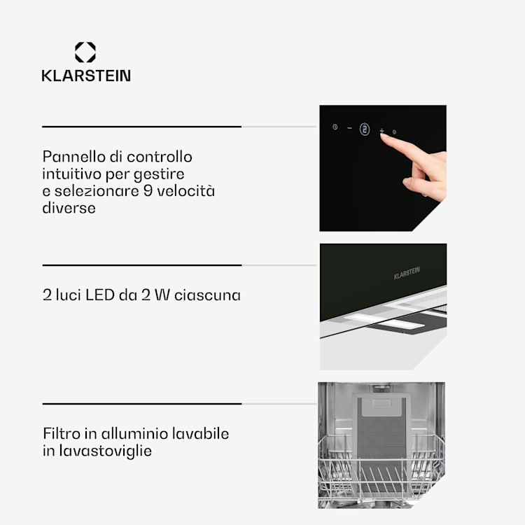 AlizeEdge - Cappa aspirante | Touch | Piatta | Silenziosa | Struttura | A+ 90 cm | Nero