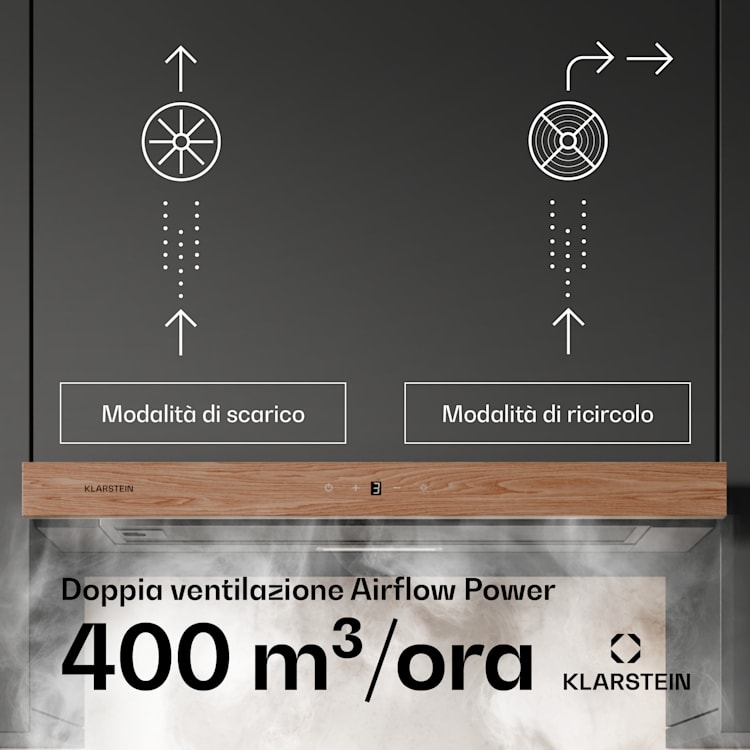 ZenFusion - Cappa aspirante | Flusso d'aria: 400 m³/ora | Classe energetica A | Scarico/ricircolo | 3 livelli di ventilazione | Silenziosa 60 cm | Nero