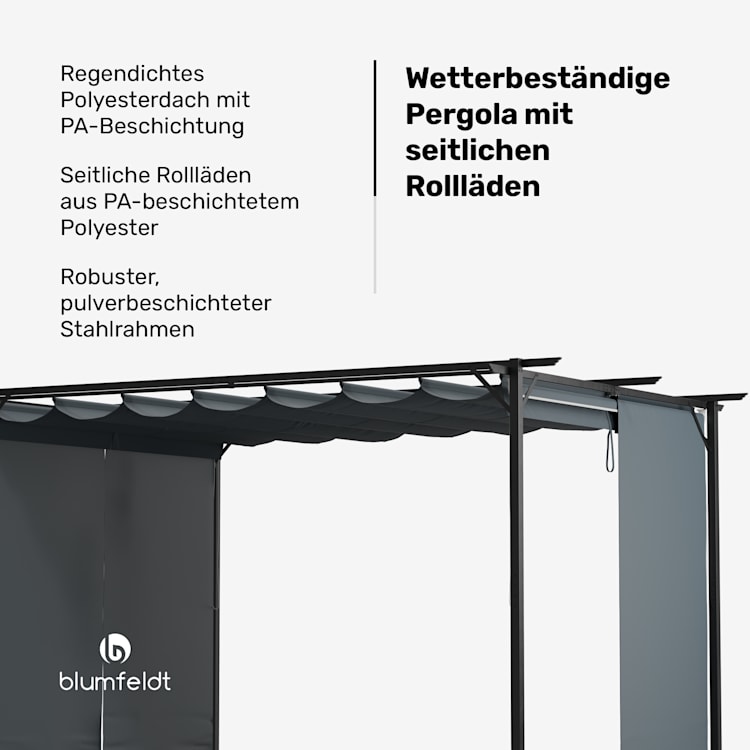 Pantheon Robust Pergola 3x4 m wetterbeständig Stahl pulverbeschichtet seitliche Rollläden 3 x 4 m | mit Seitenwänden | Dunkelgrau