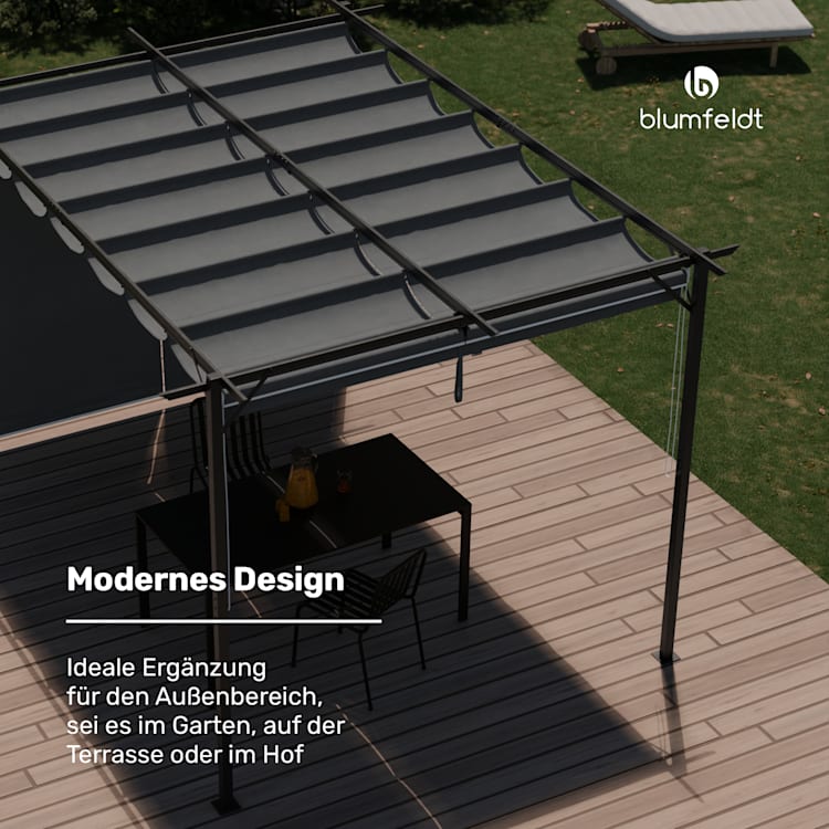 Pantheon Robust Pergola 3x4 m wetterbeständig Stahl pulverbeschichtet seitliche Rollläden 3 x 4 m | mit Seitenwänden | Dunkelgrau
