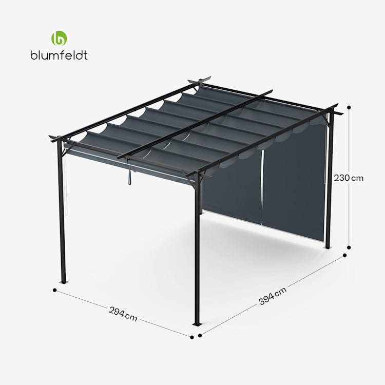Pantheon Robust Pergola 3x4 m wetterbeständig Stahl pulverbeschichtet seitliche Rollläden 3 x 4 m | mit Seitenwänden | Dunkelgrau