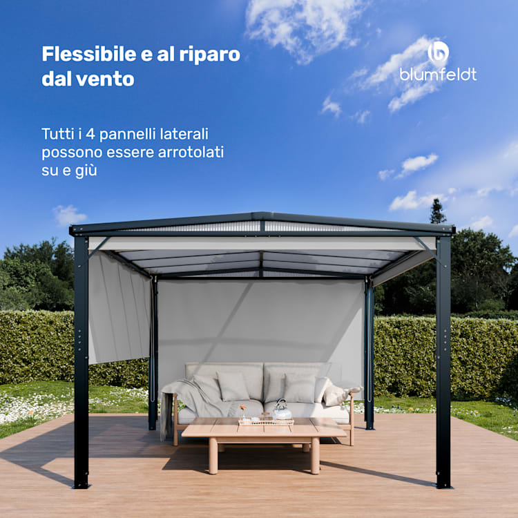 Pantheon Cortina Solid Sky - Pergola, 3x3 m | Resistente agli agenti atmosferici | Verniciata a polvere | Imposte laterali 