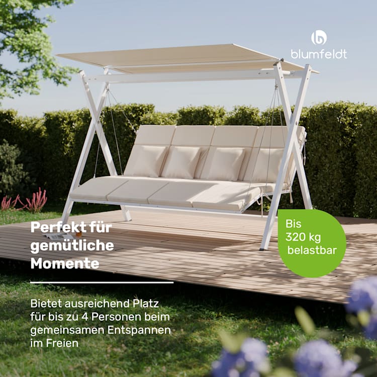 FlexiSwing Hollywoodschaukel 4-Sitzer verstellbare Rückenlehne + Sonnendach wetterfest 4-Sitzer | Beige