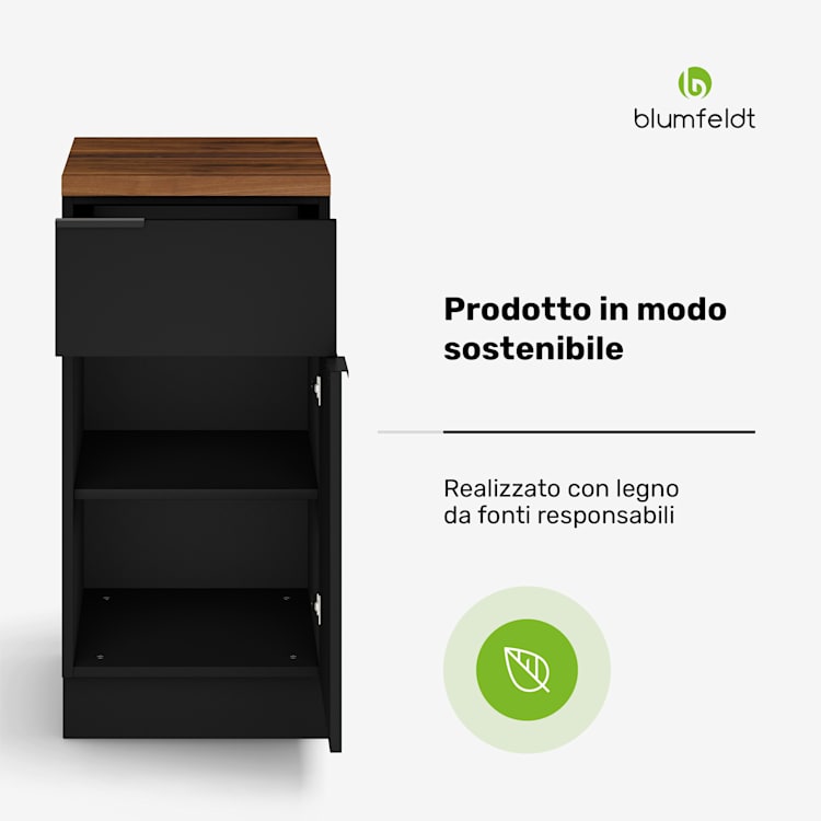 WoodVista Cassettiera | Piano di lavoro in MDF robusto | Cerniere Soft-Close | Maniglie in alluminio Cassettiera | Noce/Nero