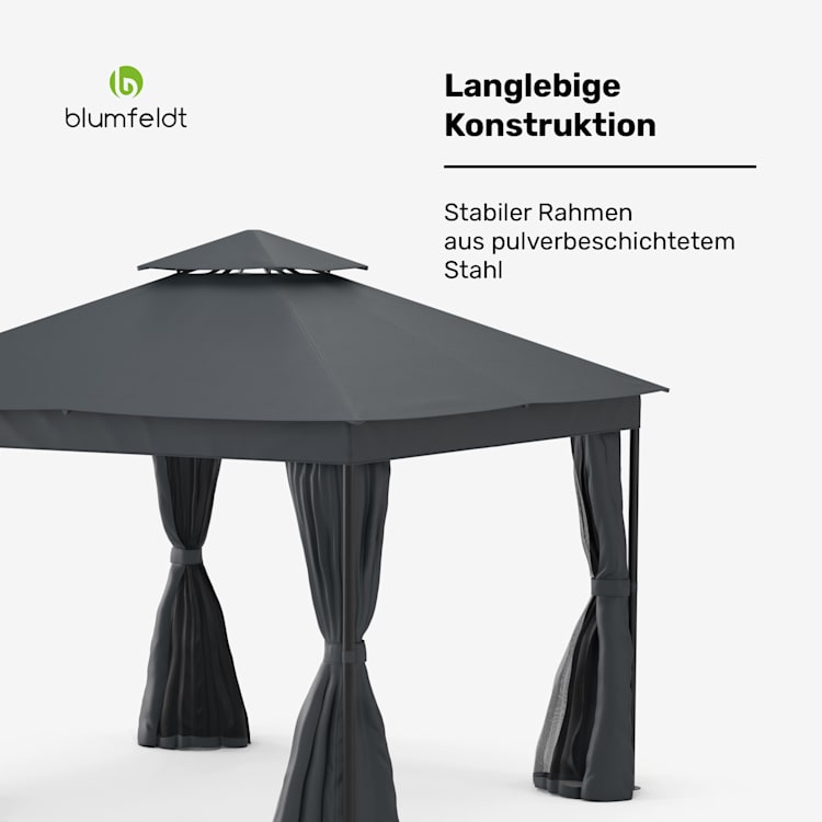 Mondo Dual 3x3 Pavillon mit Doppeldach und Moskitonetzen 3 x 3 m | Dunkelgrau