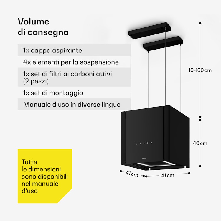 Velaire - Cappa aspirante con funzione di sollevamento, 40 cm | Elegante, minimalista, potente | Classe energetica A++ | 601 m³/ora 40 cm | Nero