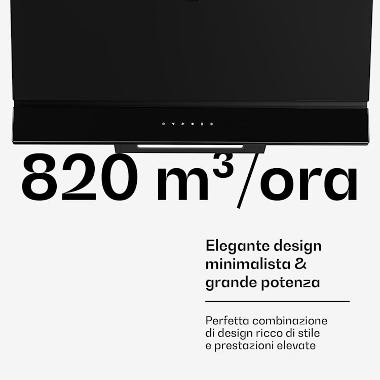 Velaire - Cappa aspirante | Elegante, minimalista, potente | Classe energetica A++ | 820 m³/ora | 90 cm 90 cm | Nero