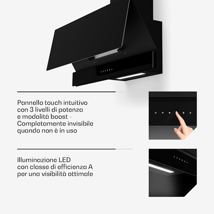 Velaire - Cappa aspirante | Elegante, minimalista, potente | Classe energetica A++ | 820 m³/ora | 90 cm 90 cm | Nero