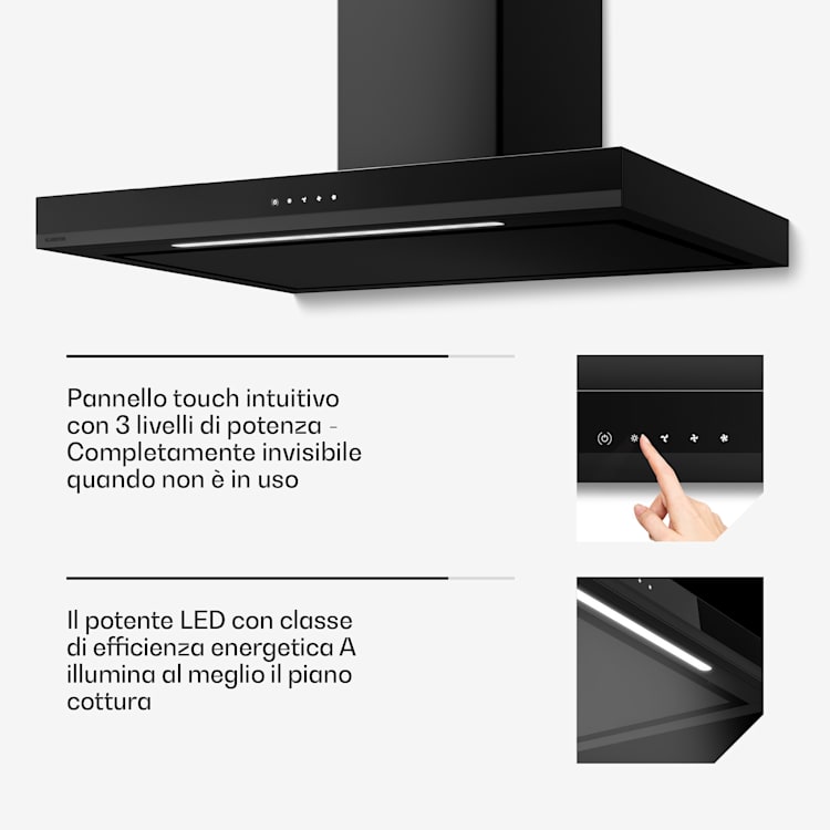 Velaire - Cappa aspirante | Elegante, minimalista, potente | Classe energetica A++ | 595 m³/ora | 90 cm 90 cm | Nero