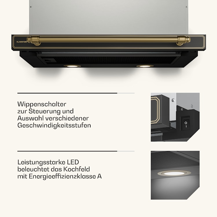 Victoria Ausfahrbare Dunstabzugshaube Elegant, Retro-inspiriert, Zeitlos EEC A++ 358,54 m³/h 60 cm Schwarz