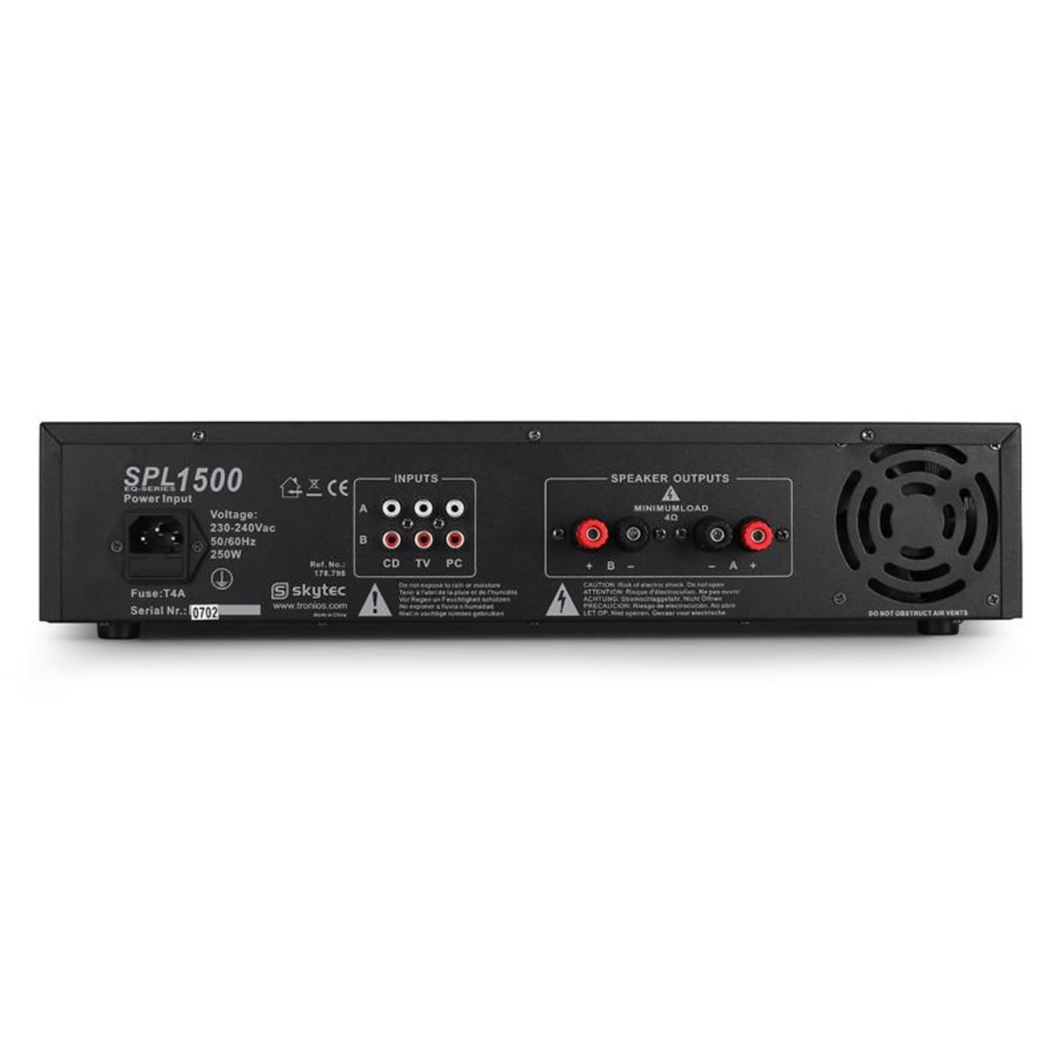 SPL-1500-EQ Ampli HiFi PA égaliseur 3 bandes 3x RCA 1x AUX 2x 750w max. Egaliseur | 2x 750 W (4 ohms) / 2x 500 W (8 ohms) | Noir
