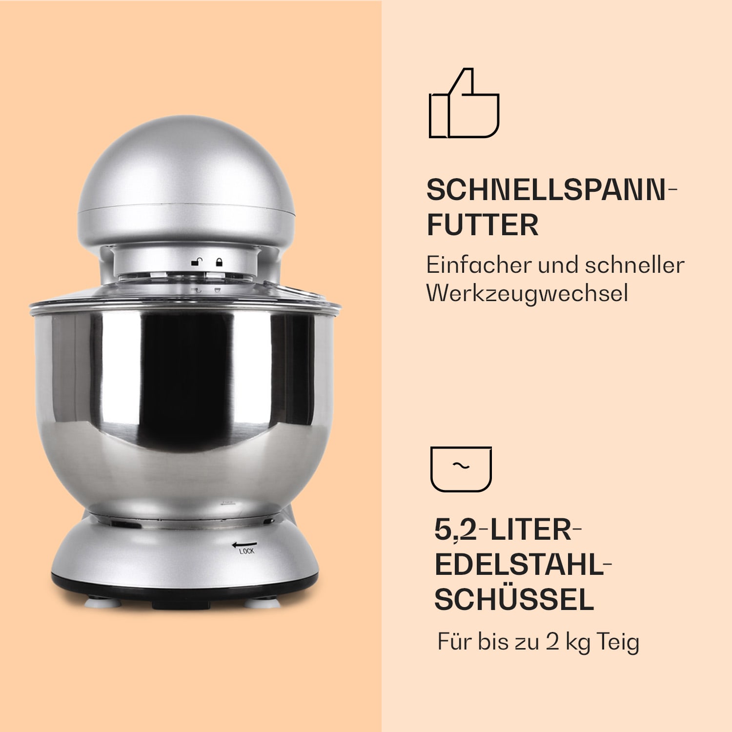 Bella Küchenmaschine 1800 W / 2,7 PS 5 Ltr Edelstahl BPA-frei Silber-Metallic